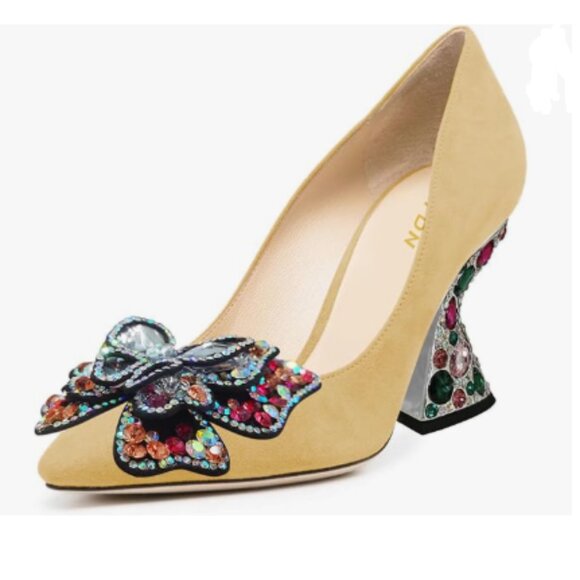 YDN Yellow Suede Butterfly Pump Colorful Crystal High Heels Studded Slip On Shoe - Picture 1 of 8